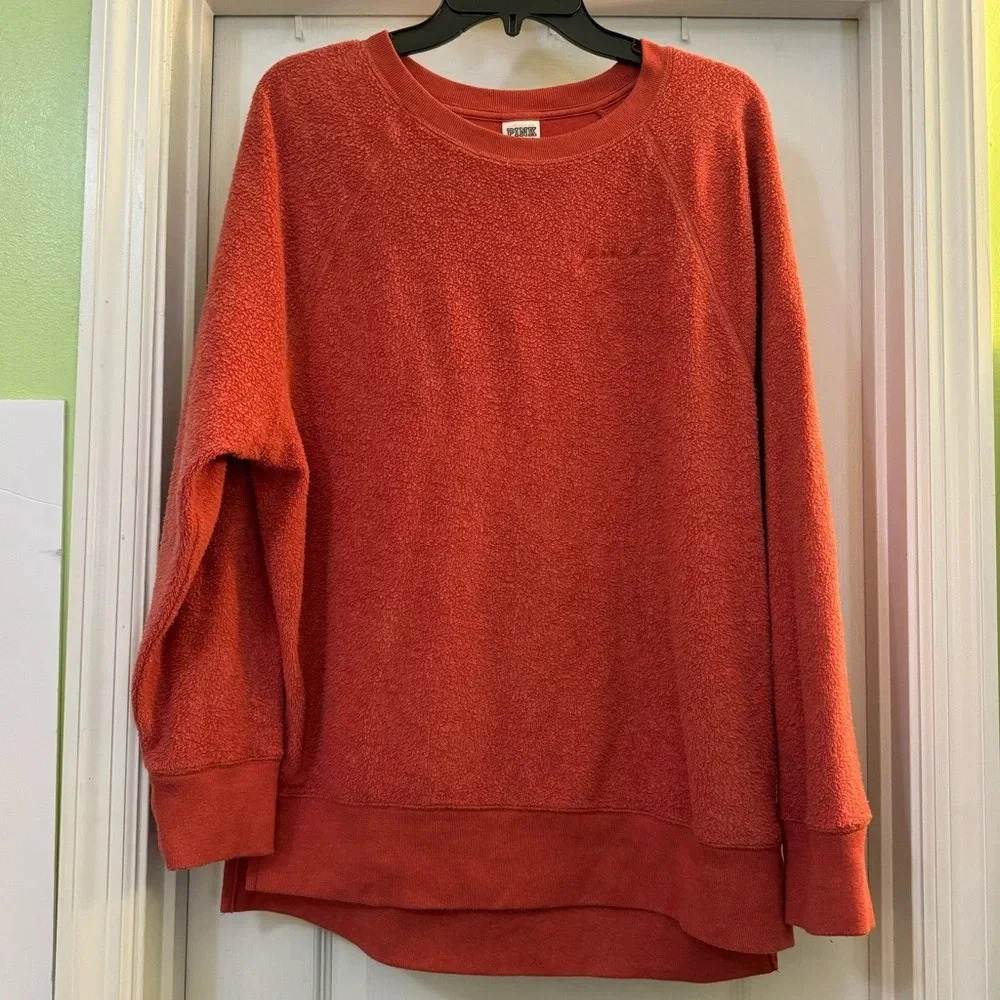 Victoria's Secret PINK Orange Sweatshirt Inside Out Fuzzy Fleece